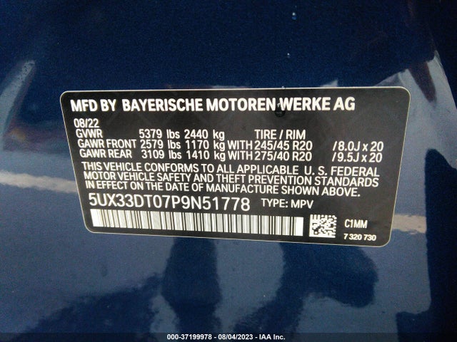 2023 BMW X4 XDRIVE30I VIN: 5UX33DT07P9N51778