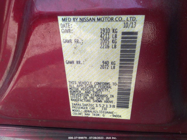 2014 NISSAN ALTIMA 2.5 S VIN: 1N4AL3AP2EC152138