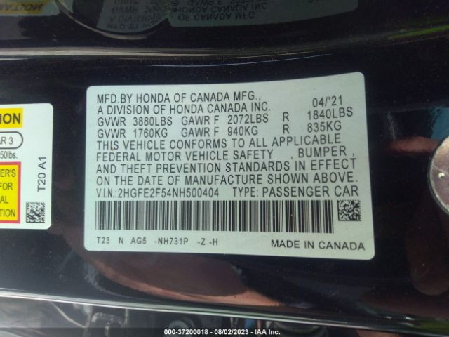 2HGFE2F54NH500404 Honda Civic Sedan Sport