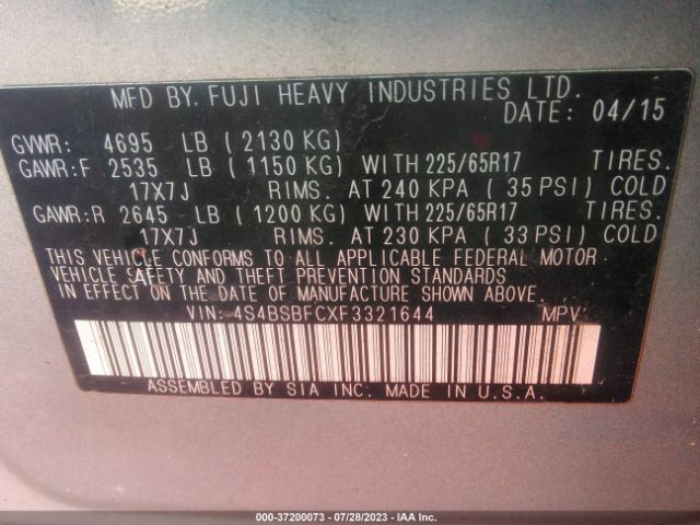 4S4BSBFCXF3321644 Subaru Outback 2.5i Premium