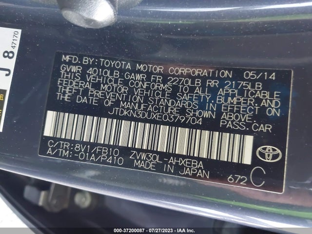 Toyota Prius Four/five/three/one/two 2014 JTDKN3DUXE0379704 Image 9