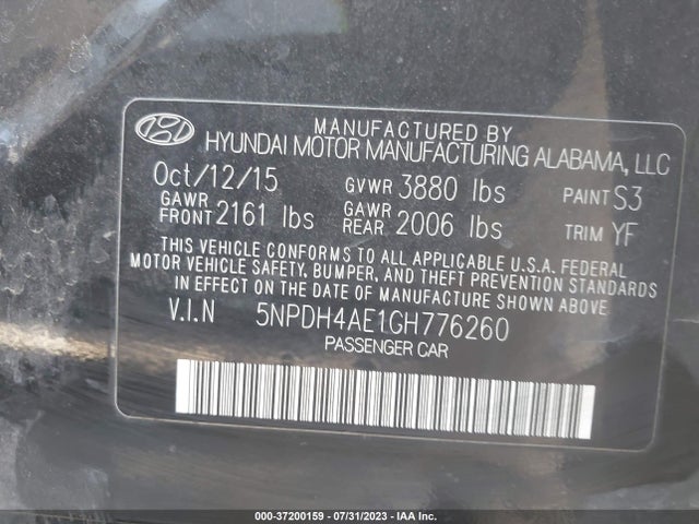2016 HYUNDAI ELANTRA SE VIN: 5NPDH4AE1GH776260