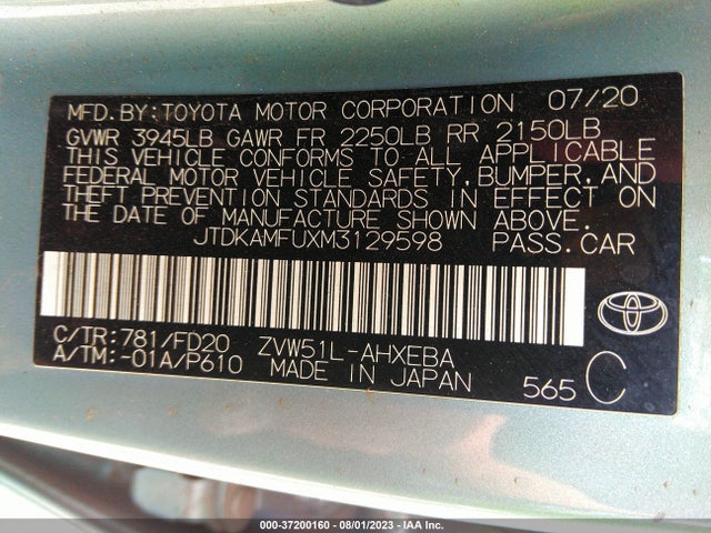2021 TOYOTA PRIUS LE VIN: JTDKAMFUXM3129598
