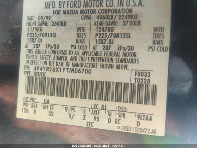 2000 MAZDA B-SERIES 2WD TRUCK SE VIN: 4F4YR16X1YTM06700
