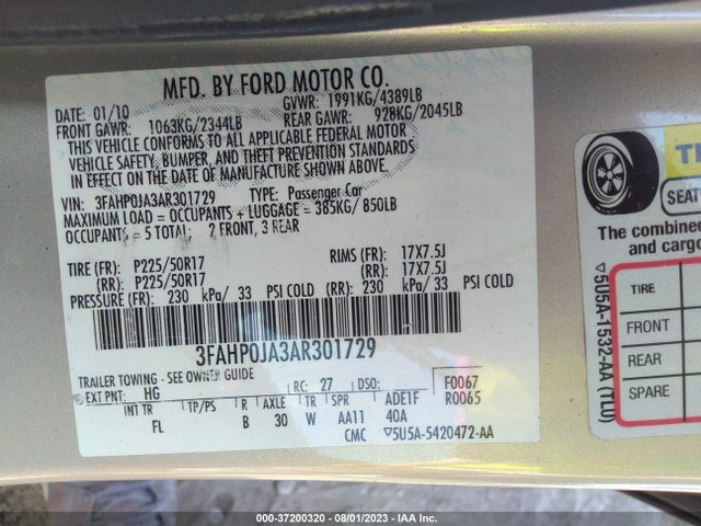 2010 FORD FUSION SEL VIN: 3FAHP0JA3AR301729