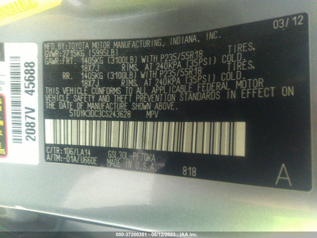 2012 TOYOTA SIENNA XLE AAS/XLE/LTD VIN: 5TDYK3DC3CS243628