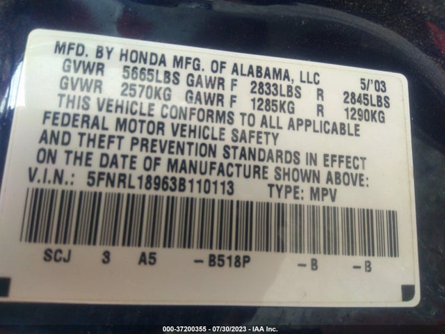 2003 HONDA ODYSSEY EX-L VIN: 5FNRL18963B110113