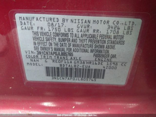 3N1CN7AP0JL805765 Nissan Versa Sedan Sv