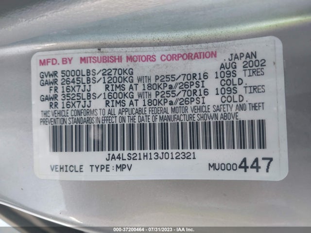 2003 MITSUBISHI MONTERO SPORT ES/LS VIN: JA4LS21H13J012321