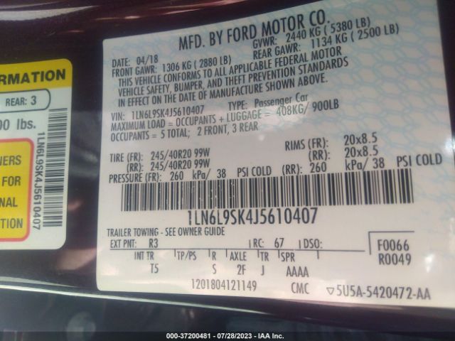 1LN6L9SK4J5610407 Lincoln Continental Select