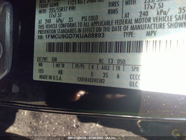 2019 FORD ESCAPE SE VIN: 1FMCU9GD7KUA08893