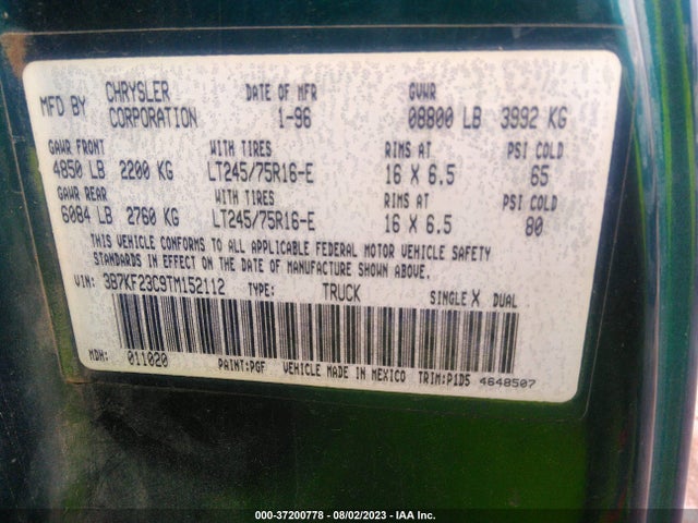 1996 DODGE RAM 2500 VIN: 3B7KF23C9TM152112
