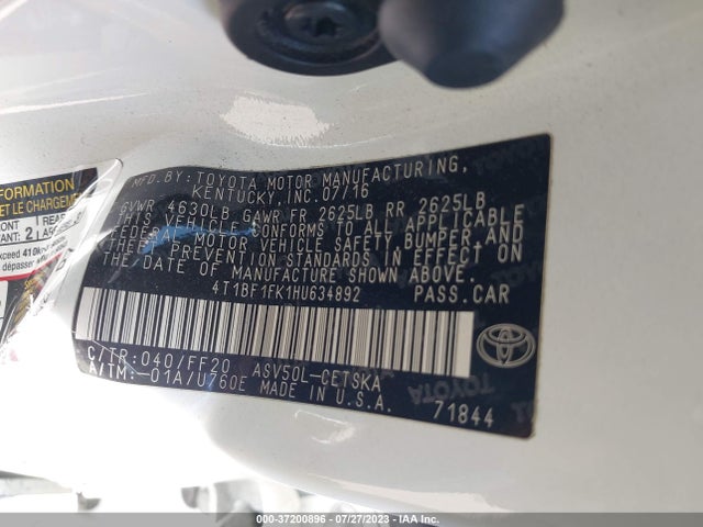 2017 TOYOTA CAMRY XLE/SE/LE/XSE VIN: 4T1BF1FK1HU634892