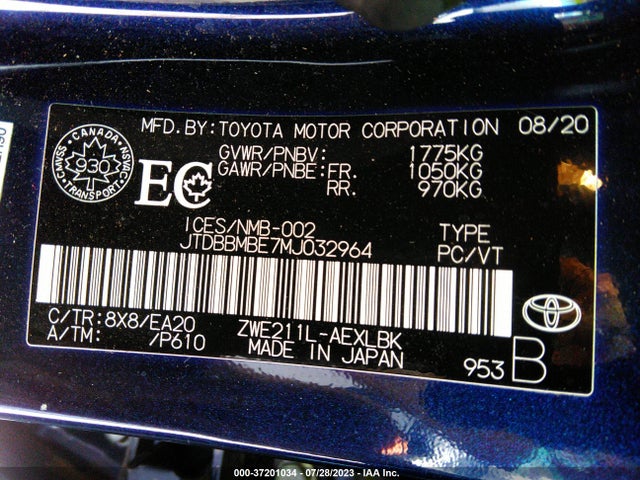2021 TOYOTA COROLLA HYBRID VIN: JTDBBMBE7MJ032964