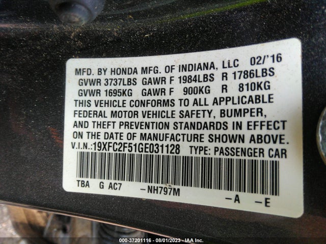 Honda Civic Sedan Lx 2016 19XFC2F51GE031128 Image 9