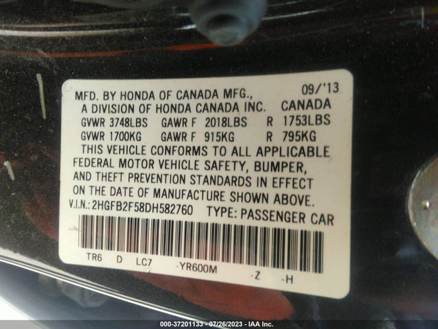 2013 HONDA CIVIC SDN LX VIN: 2HGFB2F58DH582760