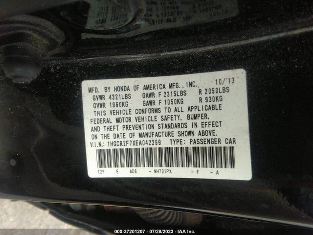 Honda Accord Sedan Ex 2014 1HGCR2F7XEA042259 Image 9