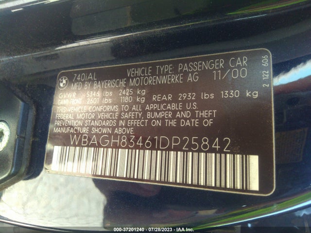 2001 BMW 7 SERIES 740IL VIN: WBAGH83461DP25842
