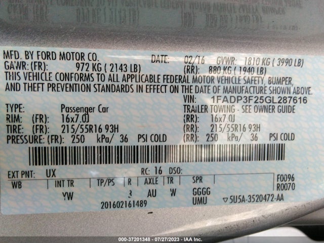 2016 FORD FOCUS SE VIN: 1FADP3F25GL287616