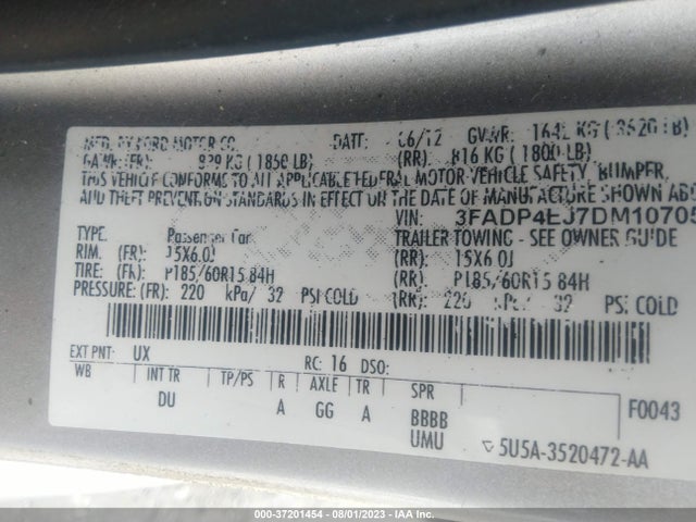 2013 FORD FIESTA SE VIN: 3FADP4EJ7DM107058