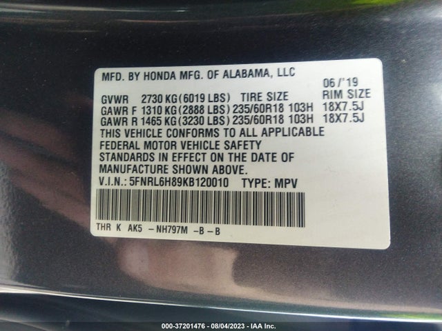 Honda Odyssey Touring 2019 5FNRL6H89KB120010 Image 9