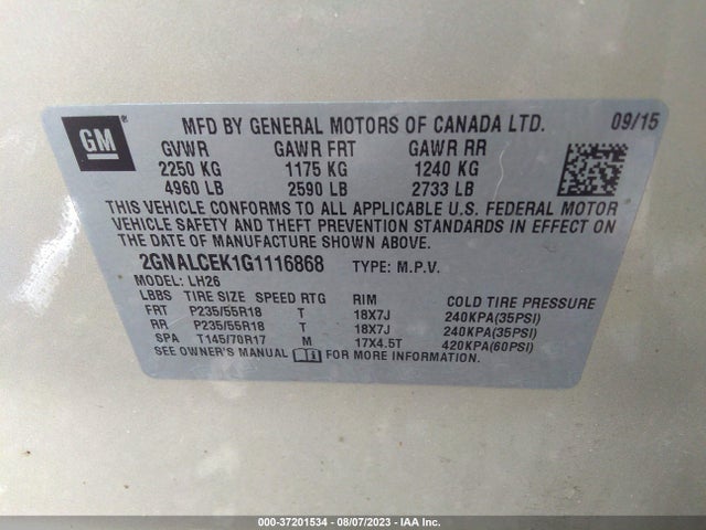 Chevrolet EQUINOX LT 2016 2GNALCEK1G1116868 Image 9
