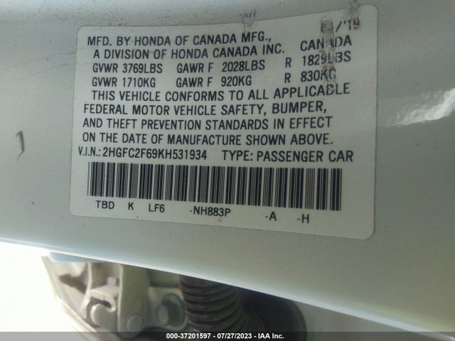 Honda Civic Sedan Lx 2019 2HGFC2F69KH531934 Image 9