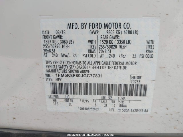 2018 FORD EXPLORER LIMITED VIN: 1FM5K8F80JGC77831