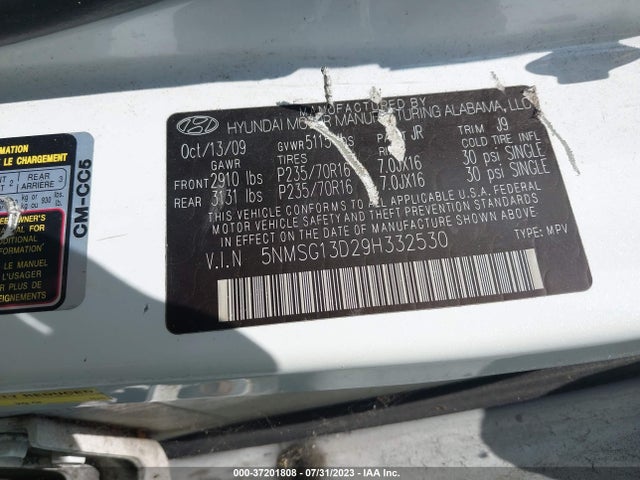 2009 HYUNDAI SANTA FE GLS VIN: 5NMSG13D29H332530