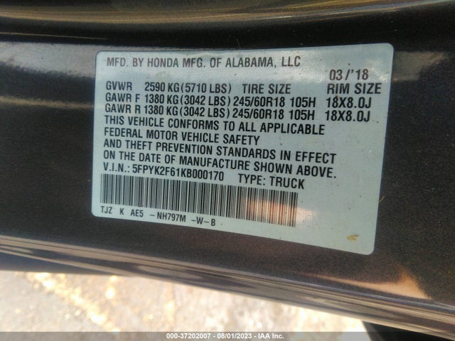 Honda Ridgeline Rtl-t 2019 5FPYK2F61KB000170 Image 9