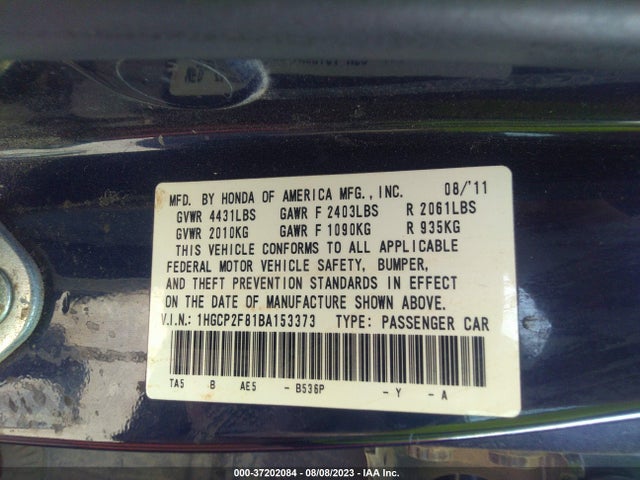 2011 HONDA ACCORD SDN EX-L VIN: 1HGCP2F81BA153373