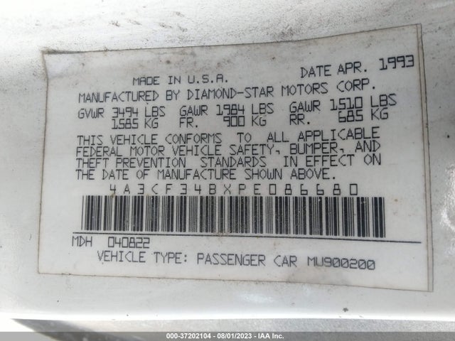 1993 MITSUBISHI ECLIPSE VIN: 4A3CF34BXPE086680