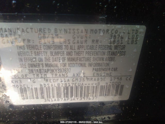 2019 NISSAN SENTRA S VIN: 3N1AB7AP3KY397637