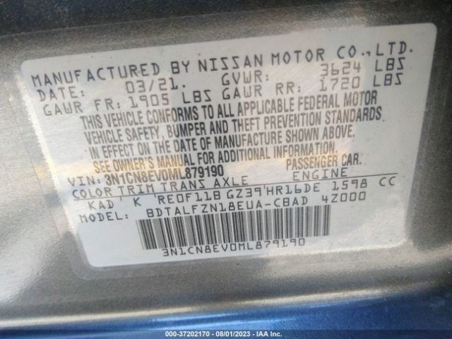 3N1CN8EV0ML879190 Nissan VERSA SV