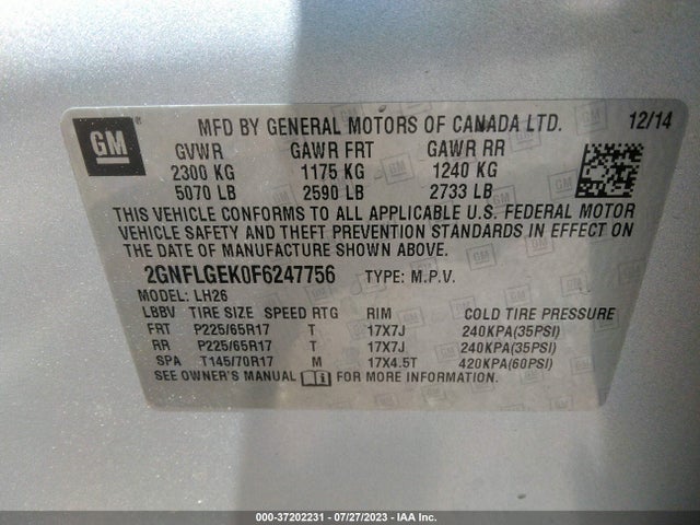 2015 CHEVROLET EQUINOX LT VIN: 2GNFLGEK0F6247756