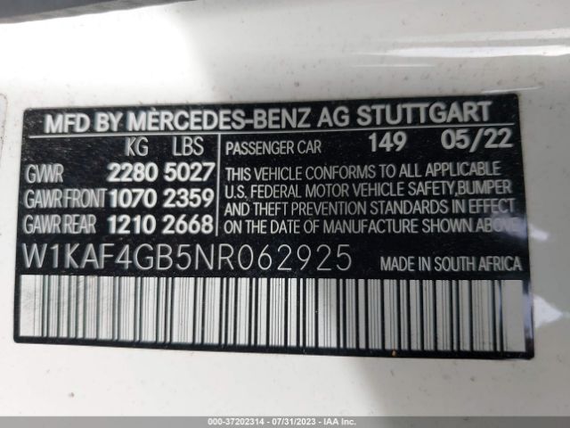 W1KAF4GB5NR062925 Mercedes-Benz C-class C 300