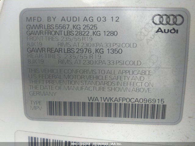 2012 AUDI Q5 3.2L PRESTIGE VIN: WA1WKAFP0CA096915