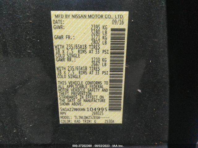 5N1AZ2MHXHN104995 Nissan Murano S/sv/sl/platinum