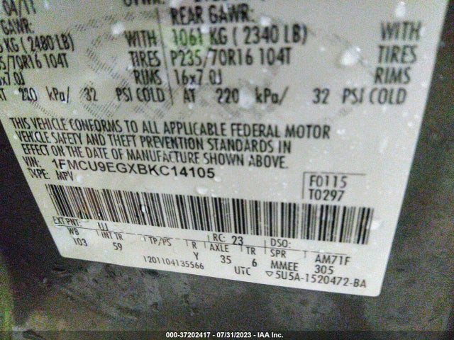 2011 FORD ESCAPE LIMITED VIN: 1FMCU9EGXBKC14105