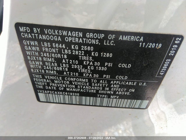 1V2AP2CAXKC619205 Volkswagen Atlas 2.0t S