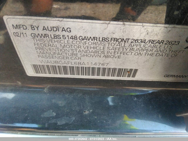 37202642 :رقم المزاد ، WAUBGAFL6BA114767 vin ، 2011 Audi S4 Premium Plus مزاد بيع