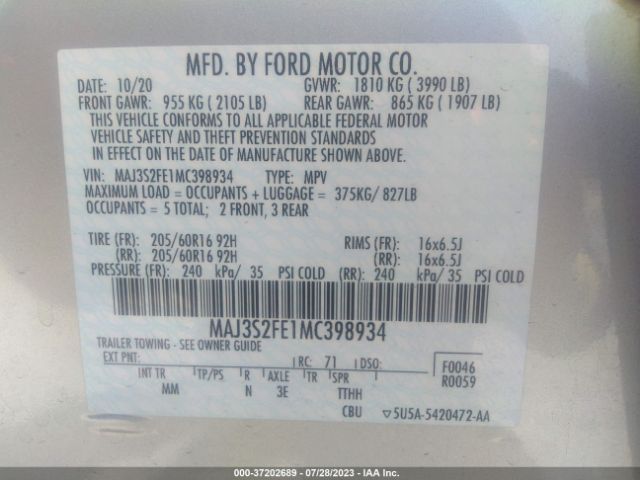 MAJ3S2FE1MC398934 Ford ECOSPORT S
