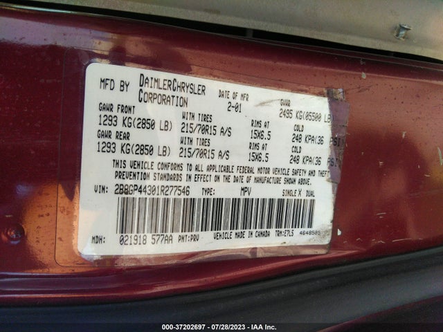 2001 DODGE GRAND CARAVAN SPORT VIN: 2B8GP44301R277546