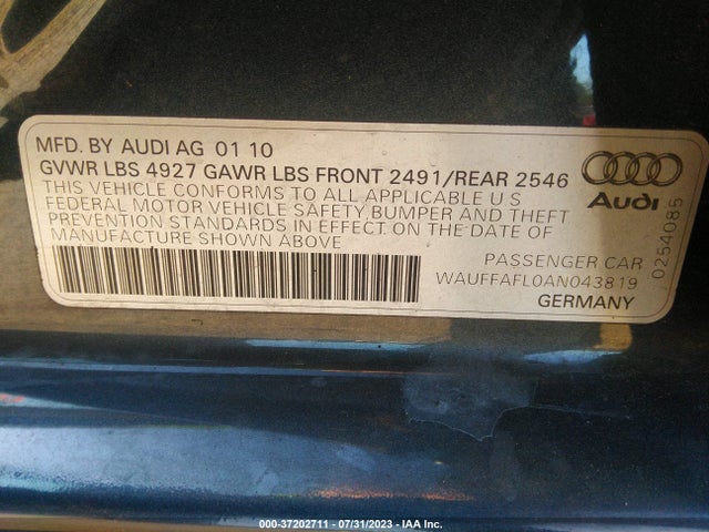 Aukcja sprzedaży 2010 Audi A4 2.0t Premium  Plus, vin: WAUFFAFL0AN043819, numer aukcji: 37202711