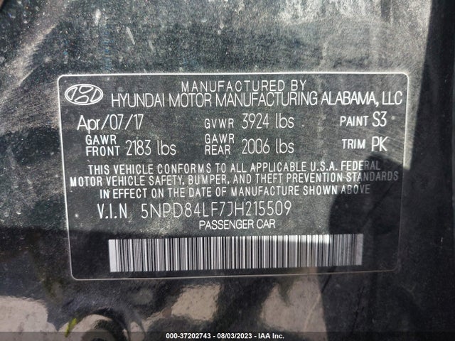 2018 HYUNDAI ELANTRA SEL VIN: 5NPD84LF7JH215509