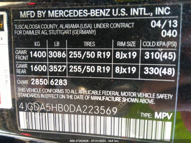 2013 MERCEDES-BENZ M-CLASS ML 350 VIN: 4JGDA5HB0DA223569