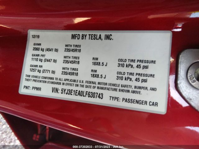 5YJ3E1EA0LF630743 Tesla Model 3 Standard Range