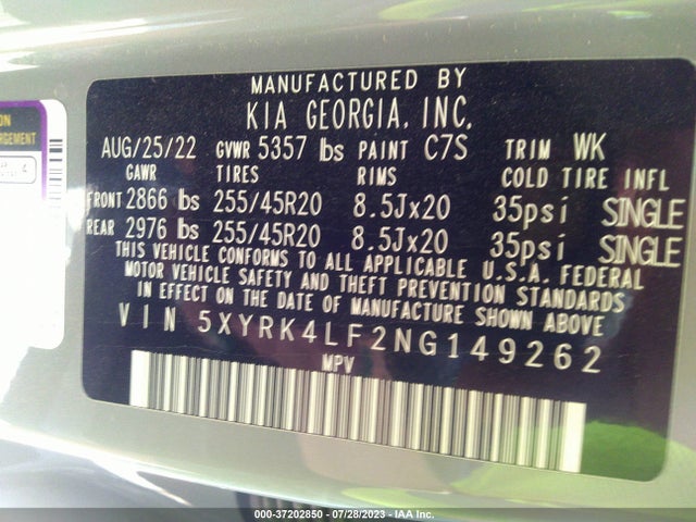 2022 KIA SORENTO SX VIN: 5XYRK4LF2NG149262