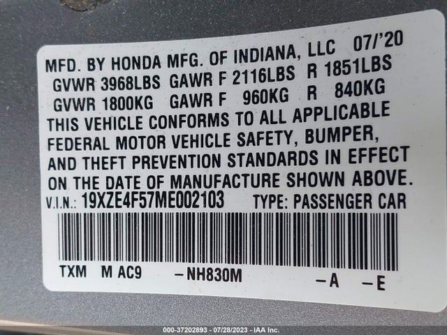 2021 HONDA INSIGHT EX VIN: 19XZE4F57ME002103