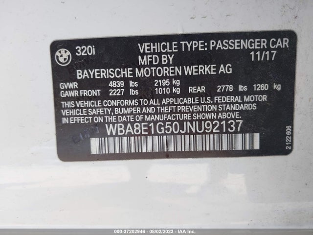 BMW 3 Series 320i 2018 WBA8E1G50JNU92137 Image 9